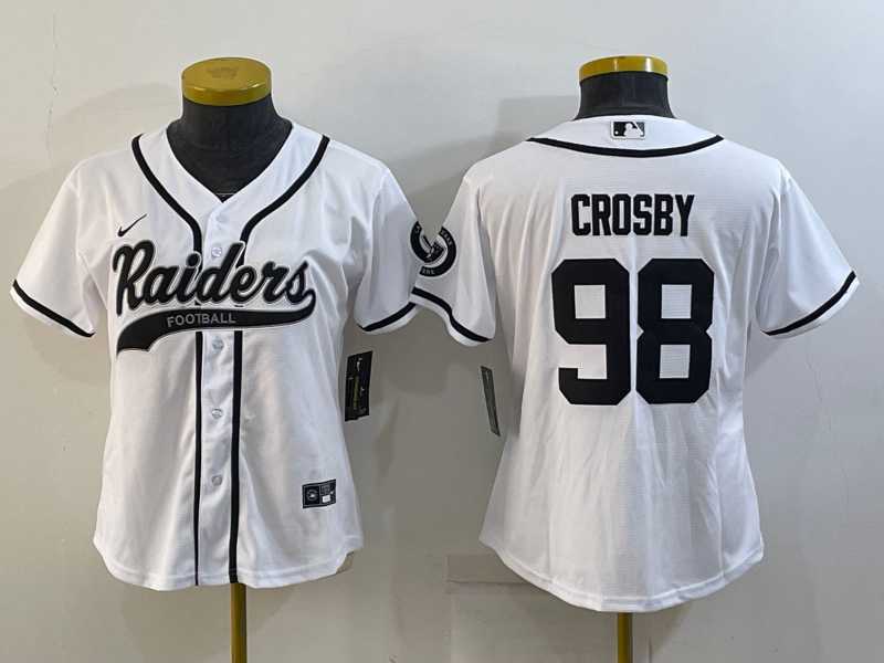 Women%27s Las Vegas Raiders #98 Maxx Crosby White With Patch Cool Base Stitched Baseball Jersey